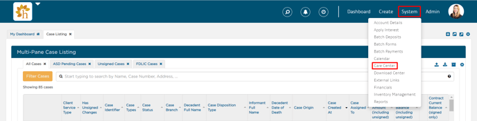 Care Center in System drop-down