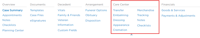 Care Center section in case navigation
