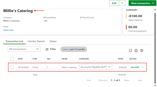 $100 payment listed in "Millie's Catering" QBO record