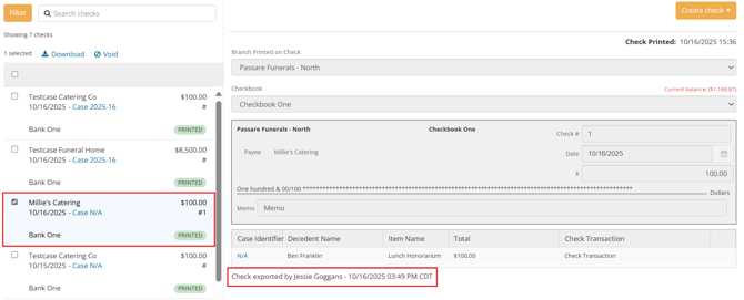 $100 check written to "Millie's Catering"