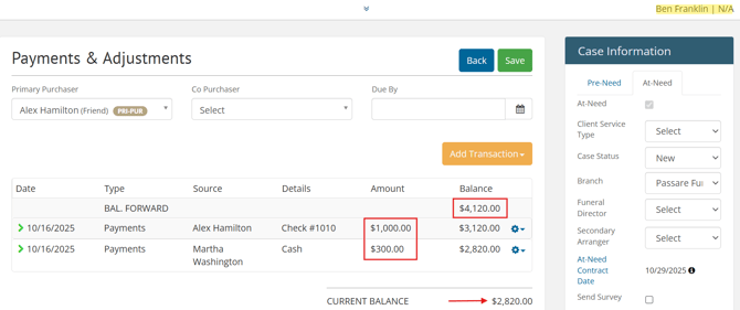 Payments & Adjustments page on Ben Franklin case showing a $4,120 contract, one payment for $1,000, and another for $300