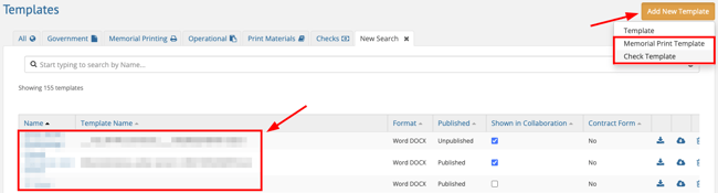 arrows pointing to the button and existing templates