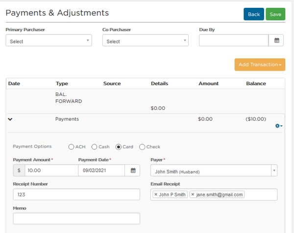 Screen to enter payment details