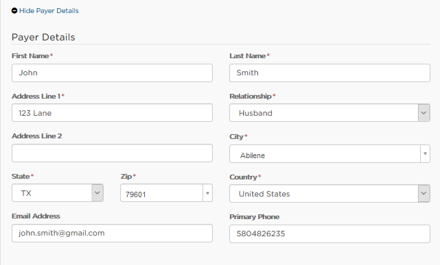 Screen to enter payment details