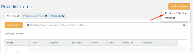To add a new one, select Add an Item > Product/Service.