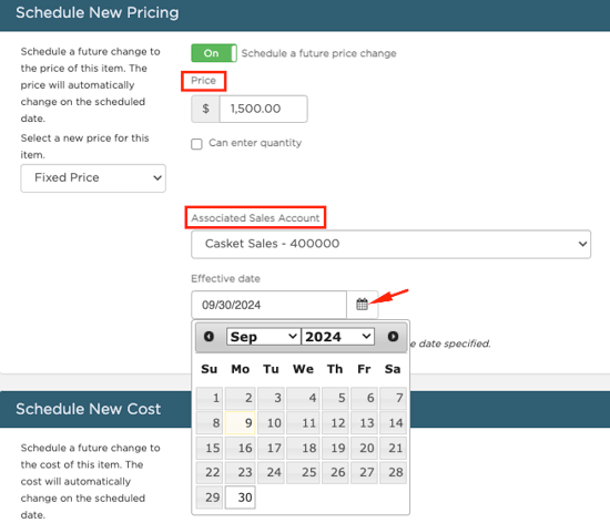 Schedule new pricing