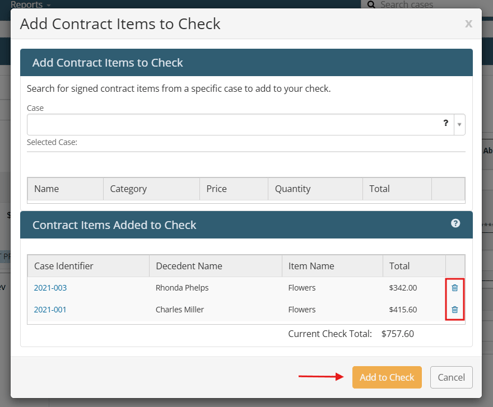 Trash icons and Add to Check button on Add Items modal