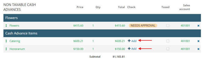 + Add button in Checks column of Goods & Services