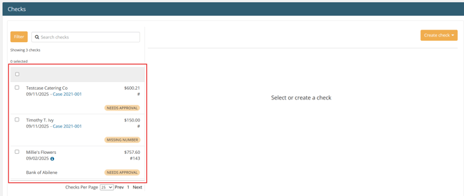 Checks page with checks listed on the left