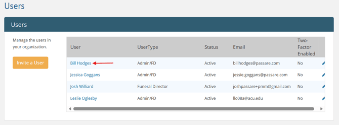 User list with arrow pointing to "Bill Hodges"