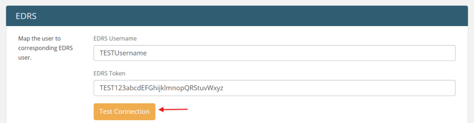 EDRS Username and Token fields above orange button titled "Test connection"