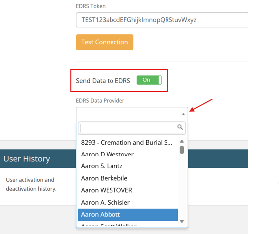 Toggle in on position labeled "Send Data to EDRS" above a dropdown labeled "EDRS Data Provider"