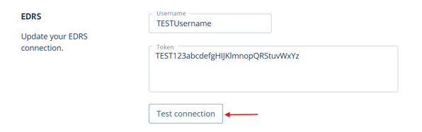 EDRS Username and token fields above a button named "Test connection"