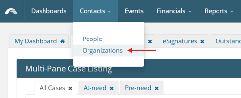 Contacts > Organizations in navigation menu