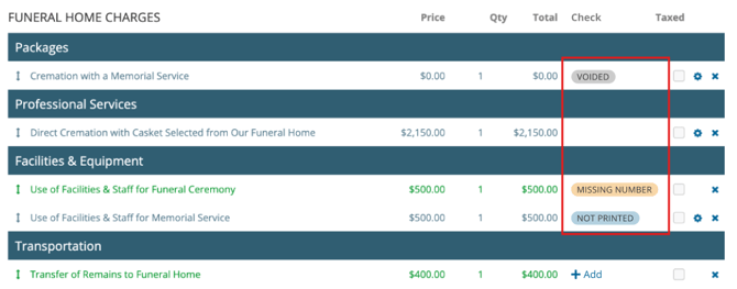 Voided, Missing Number, and Not Printed statuses on Goods & Services