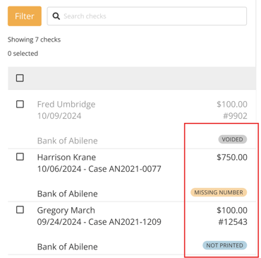 Voided, Missing Number, and Not printed check statuses on Checks page
