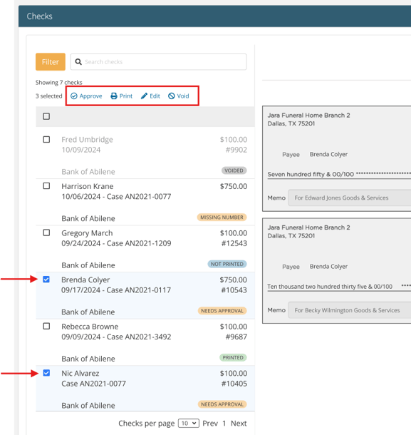 Check actions on Checks page