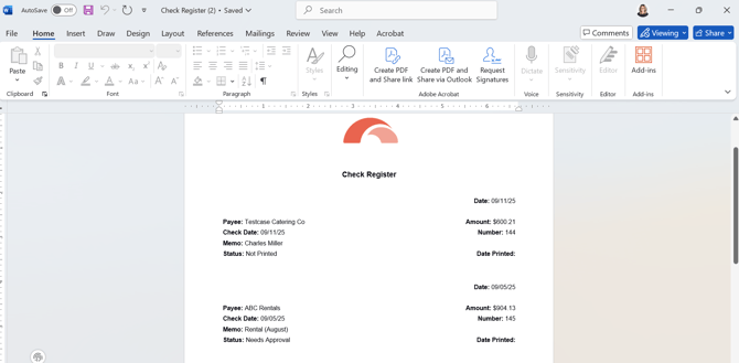 Downloaded check register Word doc