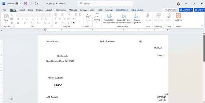 Printed checks Word document