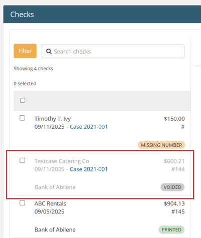 Voided check showing in grayed text on Checks page