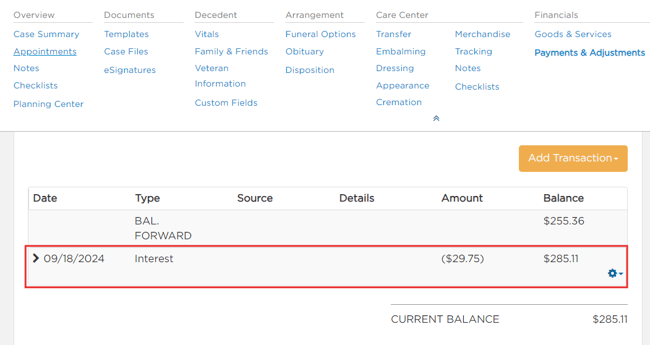 P&A page with Interest charge