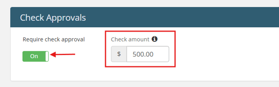 Check approvals toggle and Check amount field