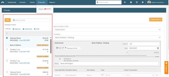 Financials > Checks page with one check selected