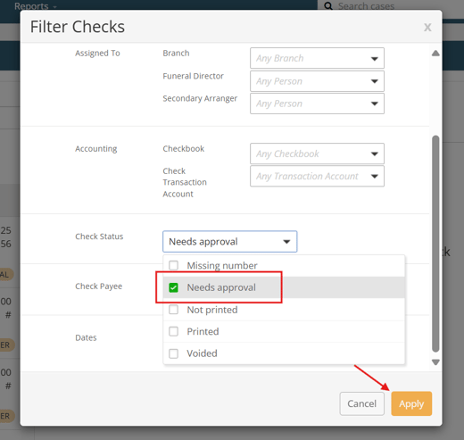 Filter checks modal