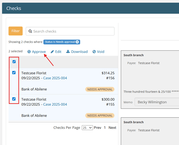 Multiple checks selected and Approve button shown