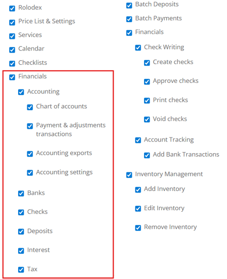 Admin > Financials list of permissions