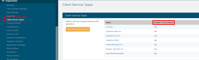 Included in Survey Report column under Client Service Types