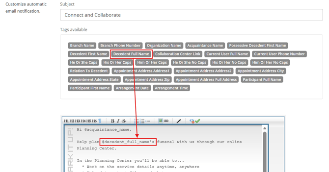 Subject, Tags available, and textbox in Email template settings