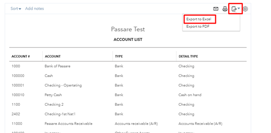 Exporting chart of accounts report to excel