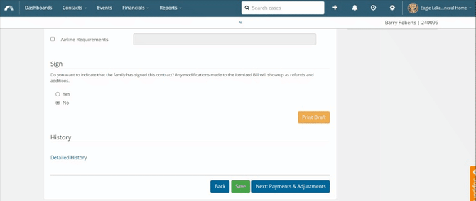 Signing the Goods & Services then clicking Print button to open the contract modal