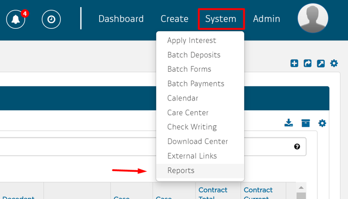 System drop down, select Reports