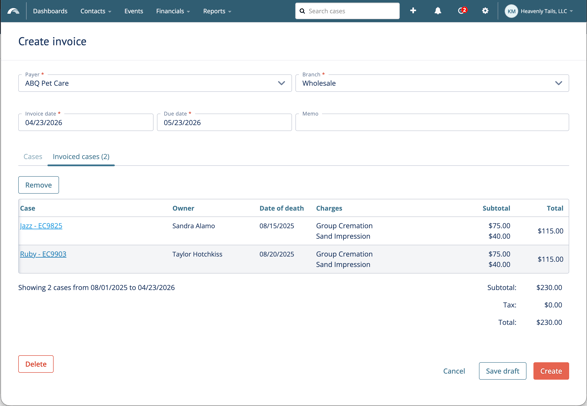 Create invoice page