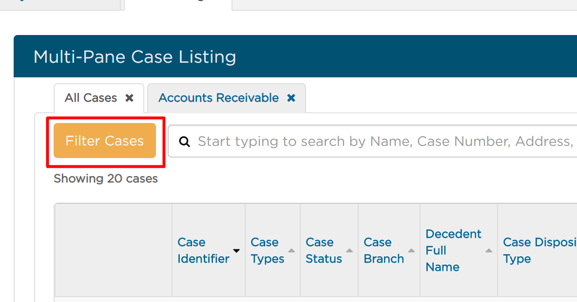 Filter Cases button