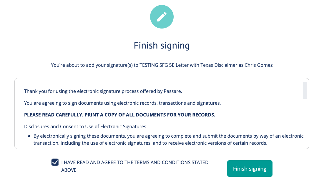 Finish signing page