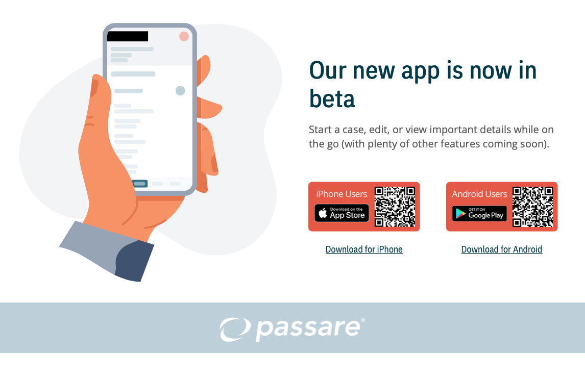 Landing page with QR code for downloading the Passare Beta app