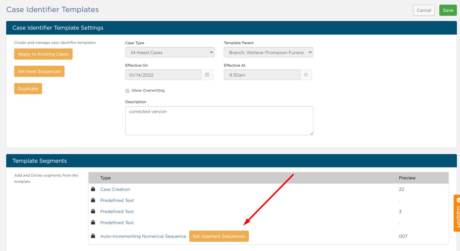 Set Segment Sequences button