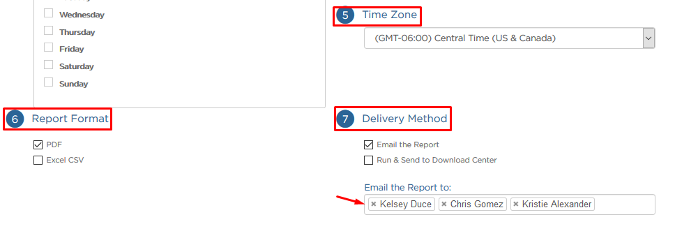 Report Format, Time Zone, and Delivery Method filters