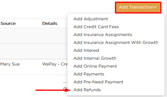 Add Refunds in Add Transaction button drop-down