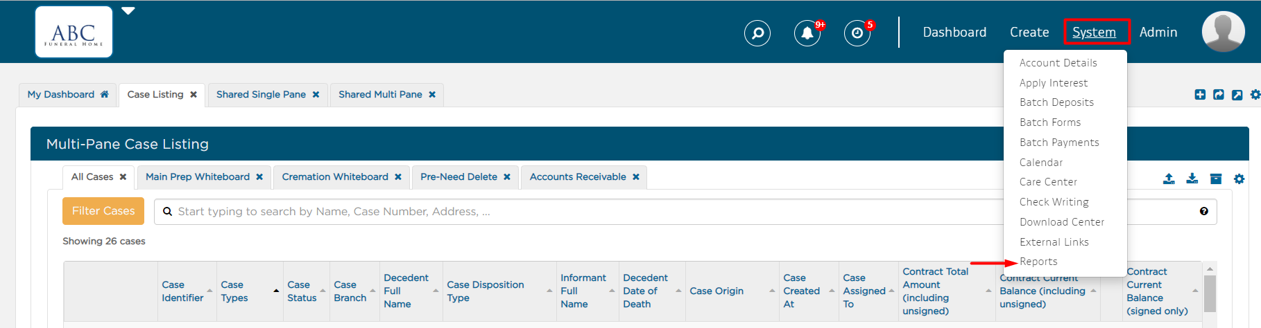 select Reports under System drop-down