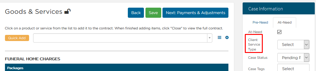 Select client service type in Case Information sidebar