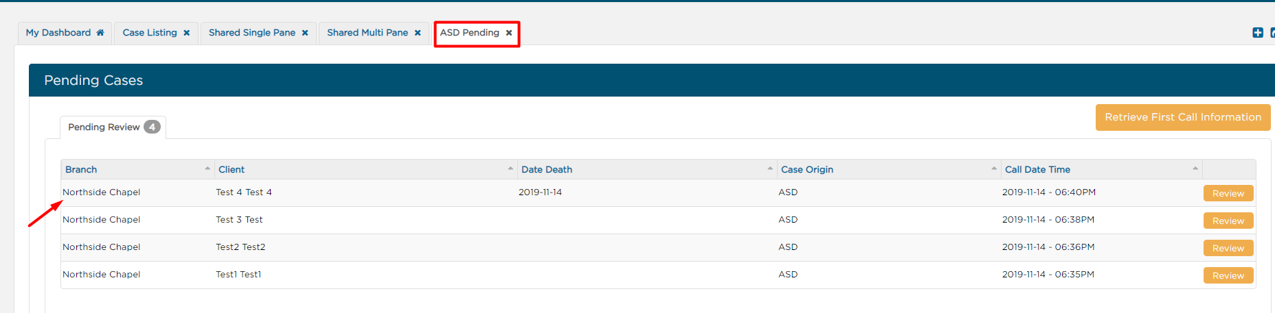 ASD Pending tab on Case Listing page