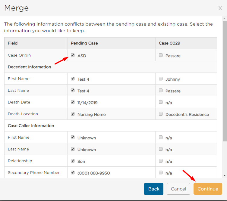 Merge information checkboxes