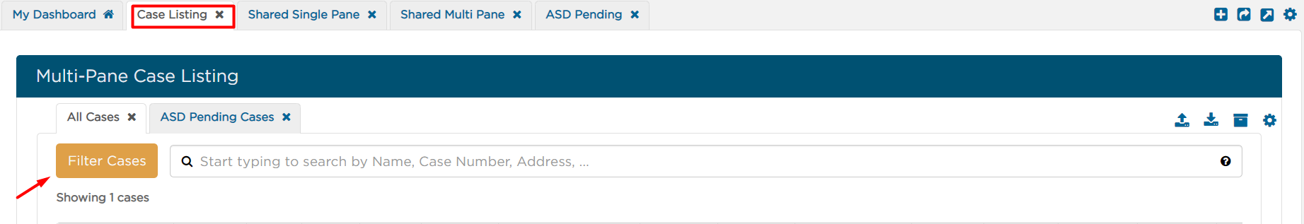 filter cases button under Case Listing tab in Dashboard