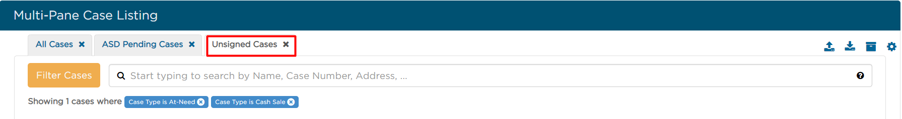 the created Unsigned Cases tab in Case Listing