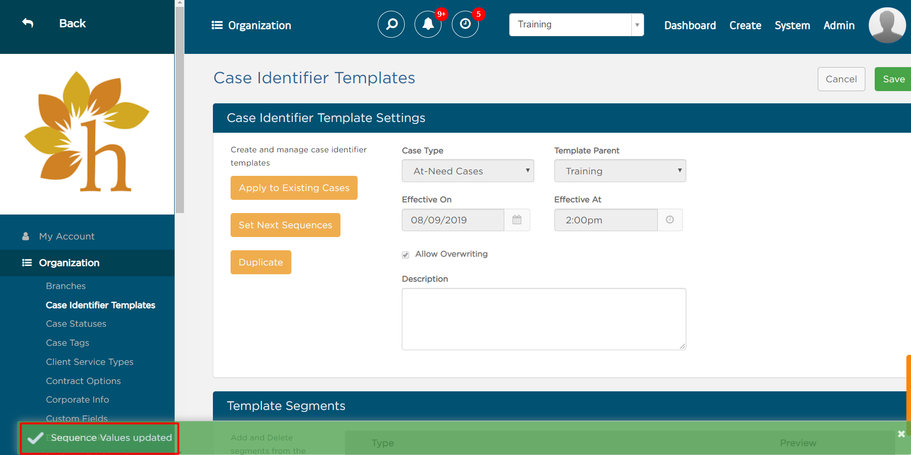 Sequence Values updated confirmation message