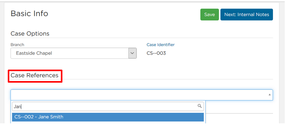 use the case references drop-down to select a case this case should be tied to